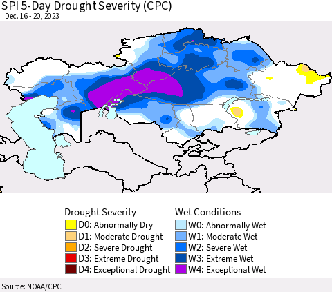 Kazakhstan SPI 5-Day Drought Severity (CPC) Thematic Map For 12/16/2023 - 12/20/2023