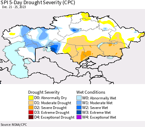 Kazakhstan SPI 5-Day Drought Severity (CPC) Thematic Map For 12/21/2023 - 12/25/2023
