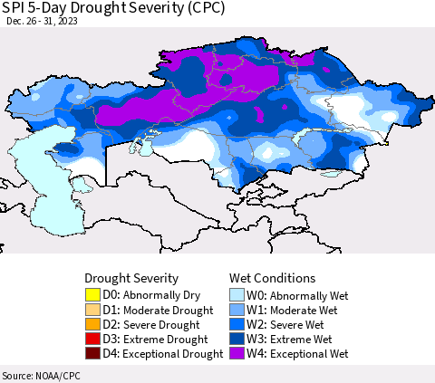 Kazakhstan SPI 5-Day Drought Severity (CPC) Thematic Map For 12/26/2023 - 12/31/2023