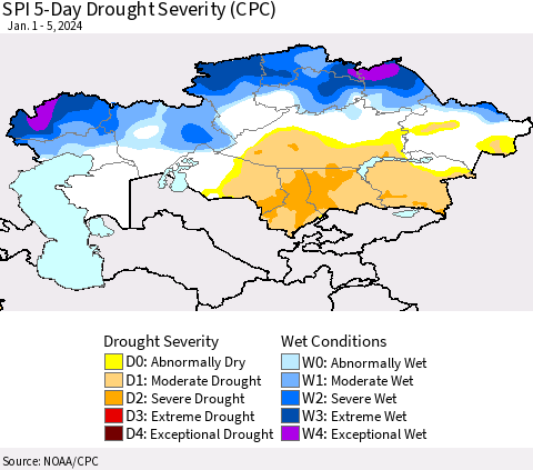 Kazakhstan SPI 5-Day Drought Severity (CPC) Thematic Map For 1/1/2024 - 1/5/2024