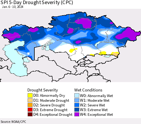 Kazakhstan SPI 5-Day Drought Severity (CPC) Thematic Map For 1/6/2024 - 1/10/2024