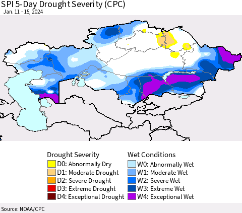 Kazakhstan SPI 5-Day Drought Severity (CPC) Thematic Map For 1/11/2024 - 1/15/2024