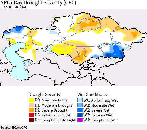 Kazakhstan SPI 5-Day Drought Severity (CPC) Thematic Map For 1/16/2024 - 1/20/2024