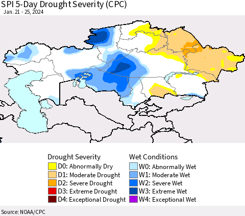 Kazakhstan SPI 5-Day Drought Severity (CPC) Thematic Map For 1/21/2024 - 1/25/2024