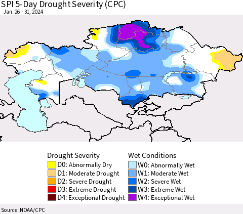 Kazakhstan SPI 5-Day Drought Severity (CPC) Thematic Map For 1/26/2024 - 1/31/2024