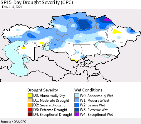 Kazakhstan SPI 5-Day Drought Severity (CPC) Thematic Map For 2/1/2024 - 2/5/2024
