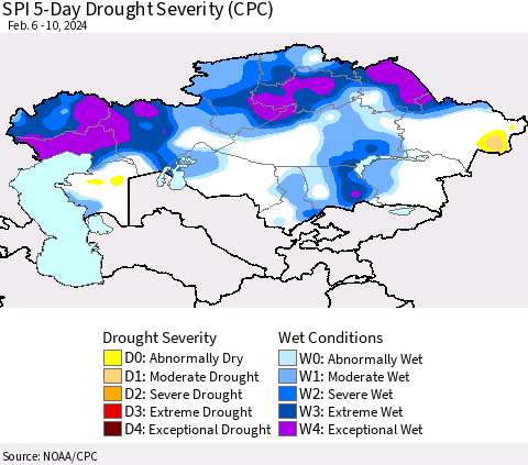 Kazakhstan SPI 5-Day Drought Severity (CPC) Thematic Map For 2/6/2024 - 2/10/2024