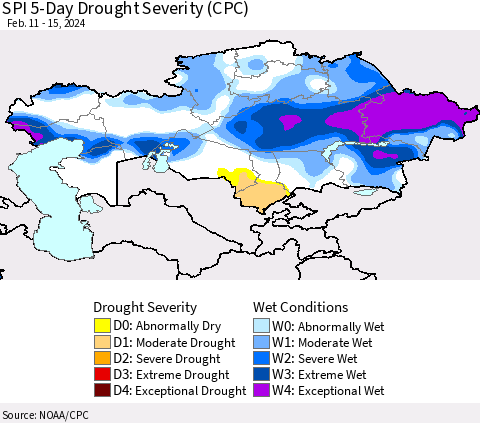 Kazakhstan SPI 5-Day Drought Severity (CPC) Thematic Map For 2/11/2024 - 2/15/2024