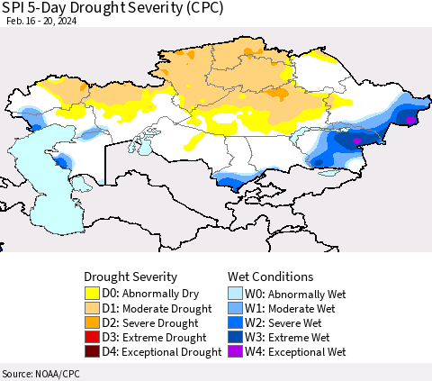 Kazakhstan SPI 5-Day Drought Severity (CPC) Thematic Map For 2/16/2024 - 2/20/2024