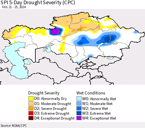 Kazakhstan SPI 5-Day Drought Severity (CPC) Thematic Map For 2/21/2024 - 2/25/2024