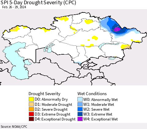 Kazakhstan SPI 5-Day Drought Severity (CPC) Thematic Map For 2/26/2024 - 2/29/2024