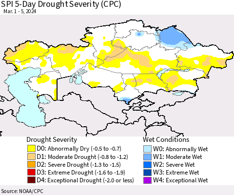 Kazakhstan SPI 5-Day Drought Severity (CPC) Thematic Map For 3/1/2024 - 3/5/2024