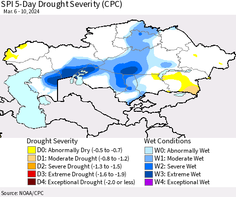 Kazakhstan SPI 5-Day Drought Severity (CPC) Thematic Map For 3/6/2024 - 3/10/2024