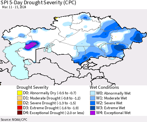 Kazakhstan SPI 5-Day Drought Severity (CPC) Thematic Map For 3/11/2024 - 3/15/2024