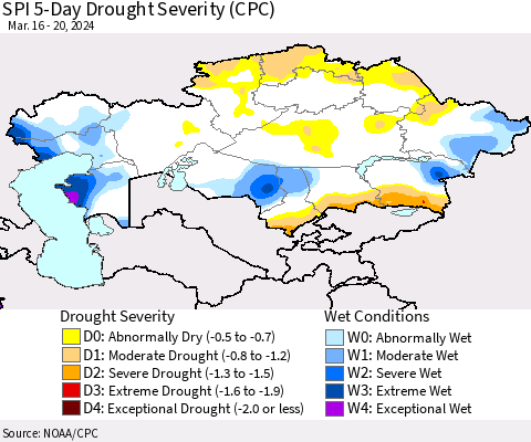 Kazakhstan SPI 5-Day Drought Severity (CPC) Thematic Map For 3/16/2024 - 3/20/2024