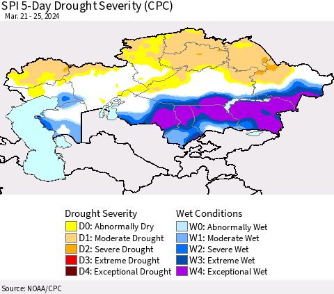 Kazakhstan SPI 5-Day Drought Severity (CPC) Thematic Map For 3/21/2024 - 3/25/2024