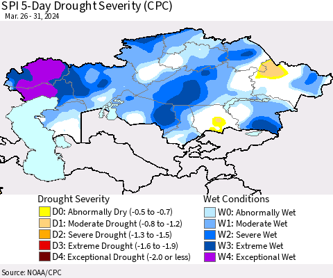 Kazakhstan SPI 5-Day Drought Severity (CPC) Thematic Map For 3/26/2024 - 3/31/2024