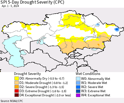 Kazakhstan SPI 5-Day Drought Severity (CPC) Thematic Map For 4/1/2024 - 4/5/2024
