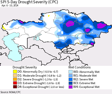 Kazakhstan SPI 5-Day Drought Severity (CPC) Thematic Map For 4/6/2024 - 4/10/2024