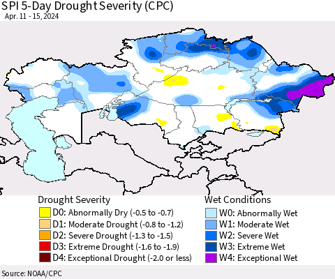 Kazakhstan SPI 5-Day Drought Severity (CPC) Thematic Map For 4/11/2024 - 4/15/2024