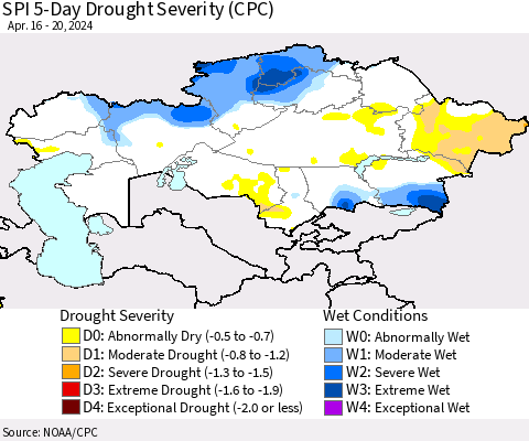 Kazakhstan SPI 5-Day Drought Severity (CPC) Thematic Map For 4/16/2024 - 4/20/2024