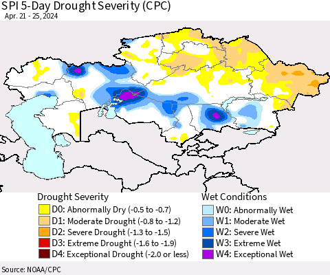 Kazakhstan SPI 5-Day Drought Severity (CPC) Thematic Map For 4/21/2024 - 4/25/2024