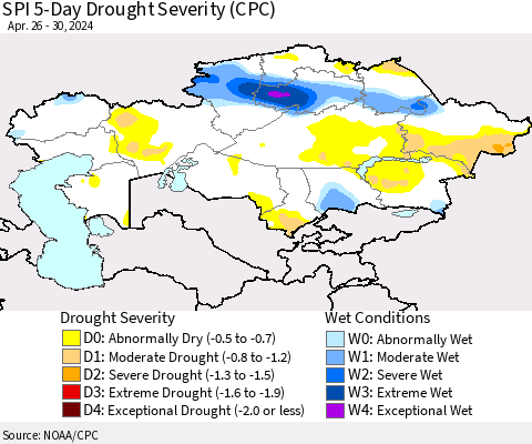 Kazakhstan SPI 5-Day Drought Severity (CPC) Thematic Map For 4/26/2024 - 4/30/2024
