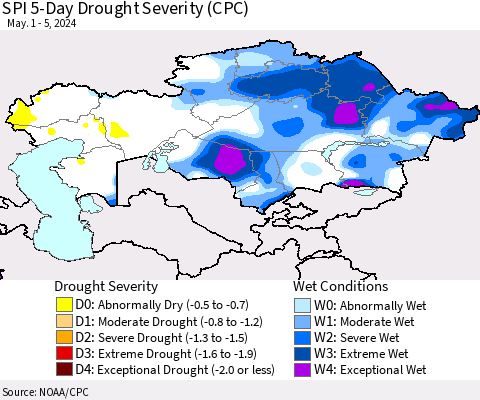Kazakhstan SPI 5-Day Drought Severity (CPC) Thematic Map For 5/1/2024 - 5/5/2024
