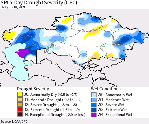 Kazakhstan SPI 5-Day Drought Severity (CPC) Thematic Map For 5/6/2024 - 5/10/2024