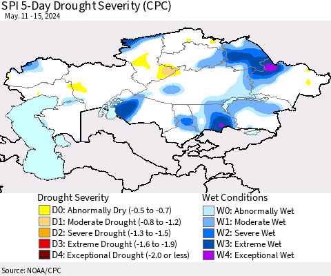 Kazakhstan SPI 5-Day Drought Severity (CPC) Thematic Map For 5/11/2024 - 5/15/2024