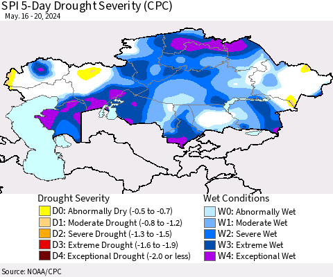 Kazakhstan SPI 5-Day Drought Severity (CPC) Thematic Map For 5/16/2024 - 5/20/2024