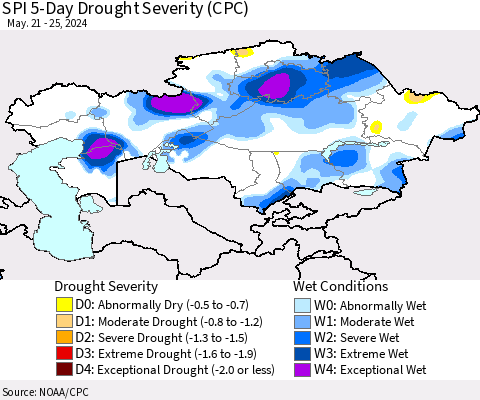Kazakhstan SPI 5-Day Drought Severity (CPC) Thematic Map For 5/21/2024 - 5/25/2024
