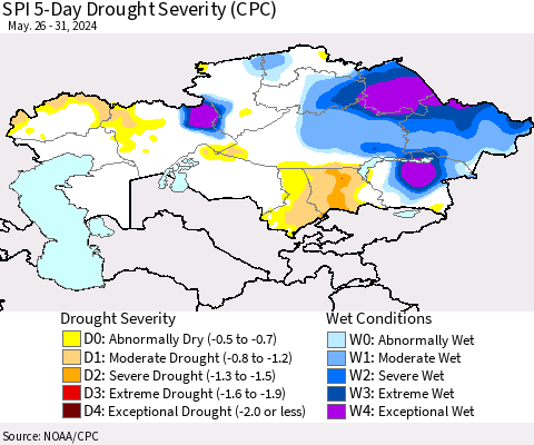 Kazakhstan SPI 5-Day Drought Severity (CPC) Thematic Map For 5/26/2024 - 5/31/2024