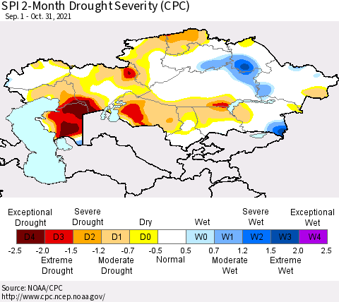 Kazakhstan SPI 2-Month Drought Severity (CPC) Thematic Map For 9/1/2021 - 10/31/2021