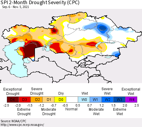Kazakhstan SPI 2-Month Drought Severity (CPC) Thematic Map For 9/6/2021 - 11/5/2021