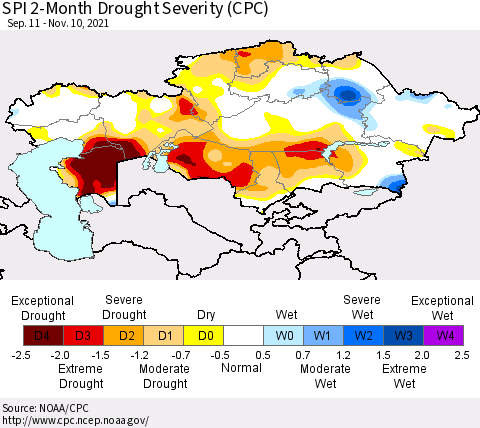 Kazakhstan SPI 2-Month Drought Severity (CPC) Thematic Map For 9/11/2021 - 11/10/2021