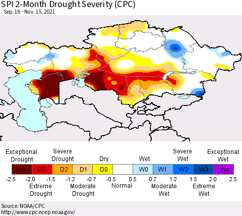 Kazakhstan SPI 2-Month Drought Severity (CPC) Thematic Map For 9/16/2021 - 11/15/2021