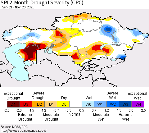 Kazakhstan SPI 2-Month Drought Severity (CPC) Thematic Map For 9/21/2021 - 11/20/2021