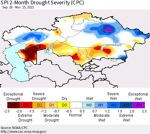 Kazakhstan SPI 2-Month Drought Severity (CPC) Thematic Map For 9/26/2021 - 11/25/2021