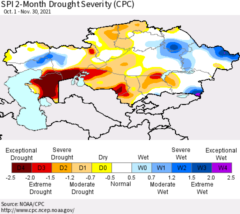 Kazakhstan SPI 2-Month Drought Severity (CPC) Thematic Map For 10/1/2021 - 11/30/2021