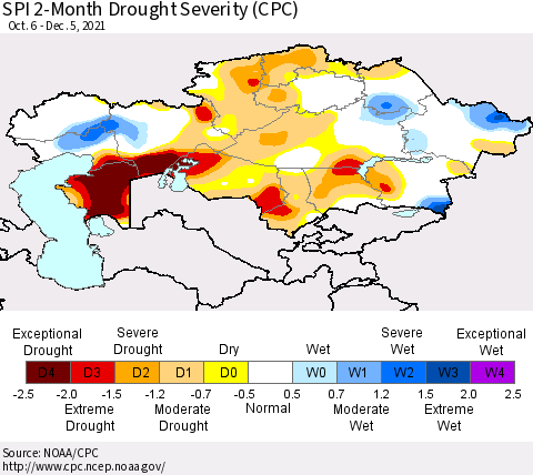Kazakhstan SPI 2-Month Drought Severity (CPC) Thematic Map For 10/6/2021 - 12/5/2021