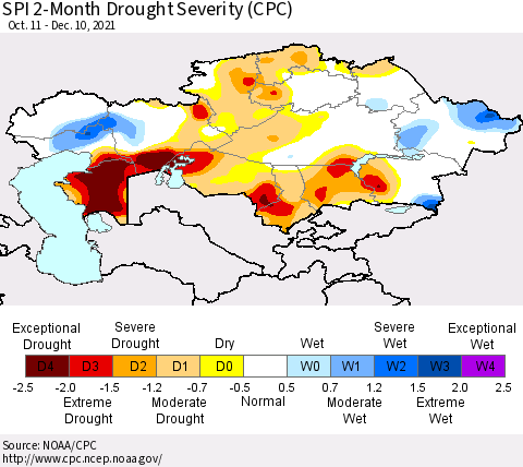 Kazakhstan SPI 2-Month Drought Severity (CPC) Thematic Map For 10/11/2021 - 12/10/2021