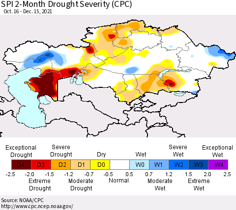 Kazakhstan SPI 2-Month Drought Severity (CPC) Thematic Map For 10/16/2021 - 12/15/2021