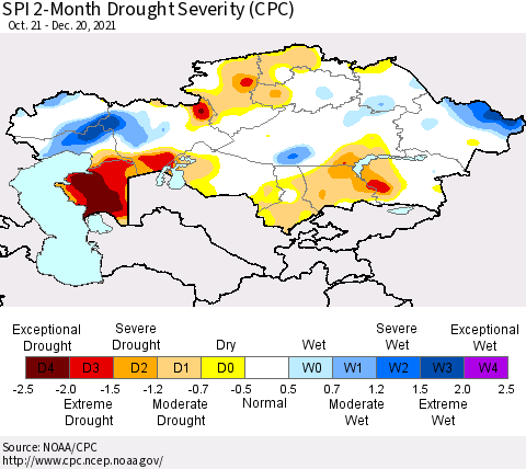 Kazakhstan SPI 2-Month Drought Severity (CPC) Thematic Map For 10/21/2021 - 12/20/2021