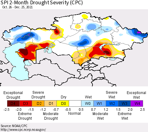 Kazakhstan SPI 2-Month Drought Severity (CPC) Thematic Map For 10/26/2021 - 12/25/2021