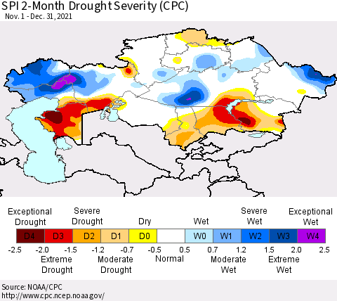 Kazakhstan SPI 2-Month Drought Severity (CPC) Thematic Map For 11/1/2021 - 12/31/2021