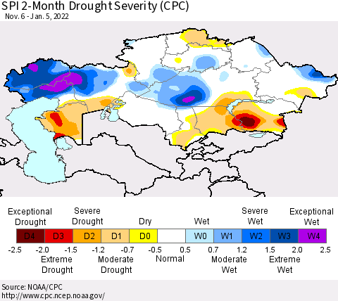 Kazakhstan SPI 2-Month Drought Severity (CPC) Thematic Map For 11/6/2021 - 1/5/2022