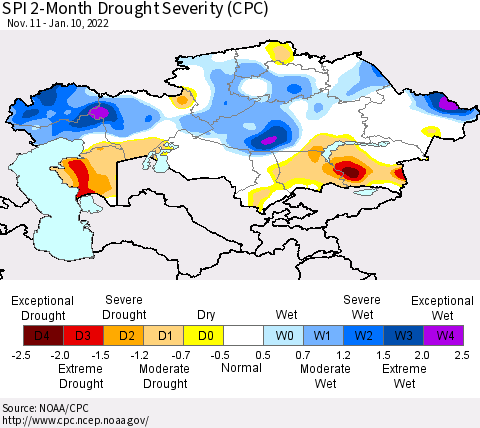 Kazakhstan SPI 2-Month Drought Severity (CPC) Thematic Map For 11/11/2021 - 1/10/2022