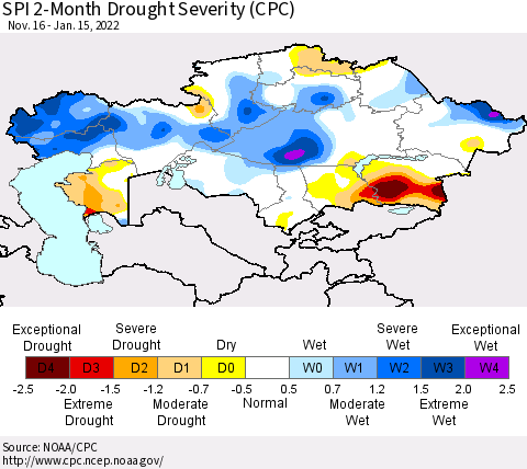 Kazakhstan SPI 2-Month Drought Severity (CPC) Thematic Map For 11/16/2021 - 1/15/2022
