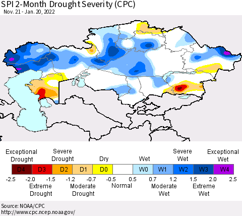 Kazakhstan SPI 2-Month Drought Severity (CPC) Thematic Map For 11/21/2021 - 1/20/2022